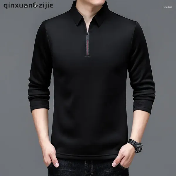 Camisetas para hombres Sólido Manga larga Camisetas para hombre Casual Turn Down Colar con camisa con cremallera Hombres Primavera Otoño Polo básico de alta calidad Masculino