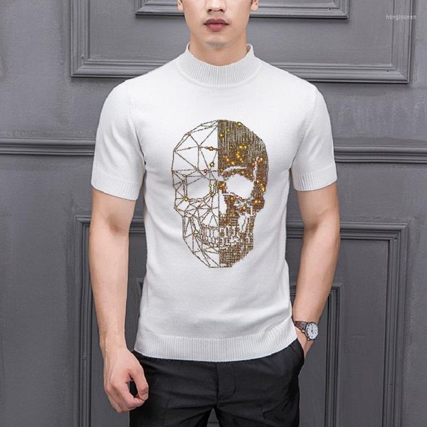 T-shirts pour hommes printemps et été luxe diamant crâne brillant tricoté T-Shirt pull Simple cachemire à manches courtes