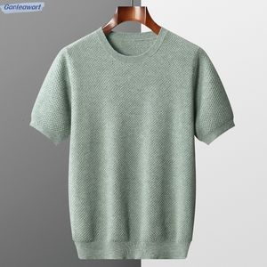 T-shirts voor heren Lente en zomer Gebreid T-shirt met ronde hals en korte mouwen voor heren 100% zuivere wol Honingraatnaald Mode Veelzijdige jastops 230515