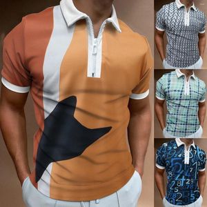 T-shirts pour hommes printemps et été Slim col à fermeture éclair chemise impression haut revers multicolore chemisier à manches courtes