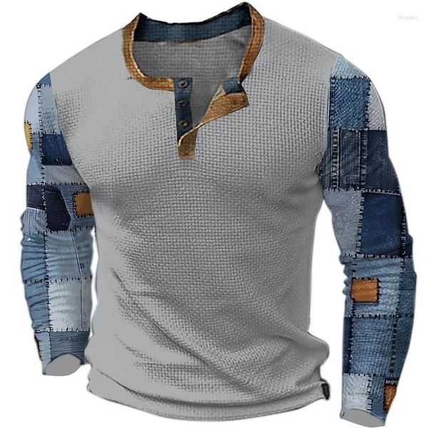 T-shirts pour hommes printemps automne Henley Color Block Patchwork 3D imprimé mode Vintage boutonné à manches longues chemise homme t-shirts hauts