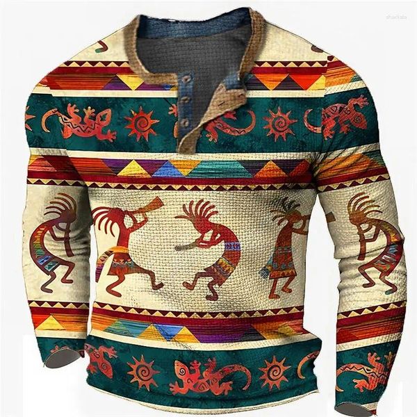 Camisetas para hombre, primavera Otoño, estilo étnico Henley, estampado 3D, moda Vintage, camisa de manga larga con botones, camisetas para hombre, ropa