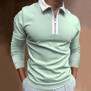 Heren t shirts lente herfst herfst heren mode zipper stevige kleuren gestikte slanke fit t-shirt casual turn down kraag pullover met lange mouwen met lange mouwen