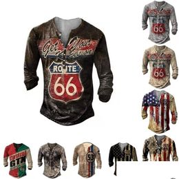 T-shirts voor heren Spring Autumn Mens T-shirt Lange mouw Route 66 Afdrukknop Tienstens oversized t-shirts v-neck plevel plus size mannen doek dhx07