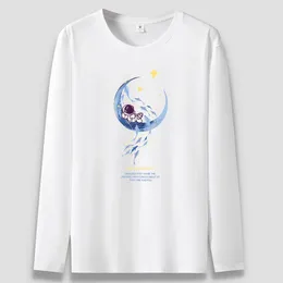 T-shirts pour hommes printemps graphique lune imprimé à manches longues drôle Public T-shirt surdimensionné pur coton T-shirt à manches