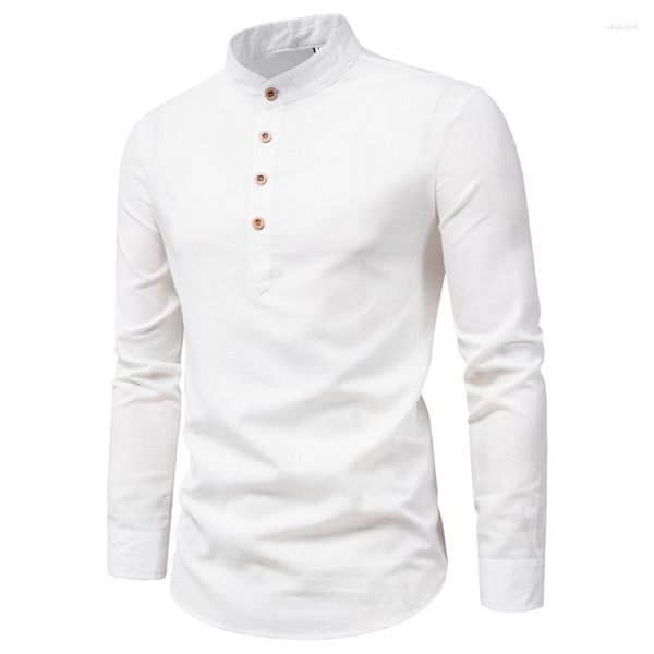 T-shirts pour hommes printemps T-shirt à manches longues pour hommes chemise en lin rétro coréen mode tendance Street Style col montant bouton T-shir