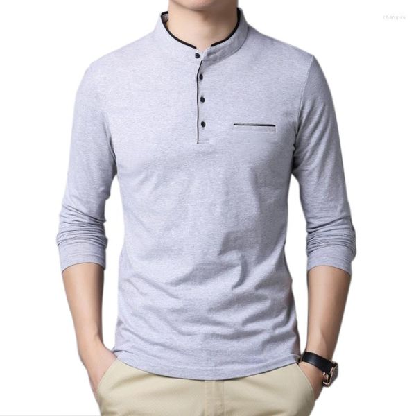 Camisetas de hombre primavera hombres algodón Color sólido cuello mandarín Slim Fit camisa de manga larga ropa 2023 moda Casual alta calidad Top