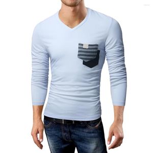 Camisetas para hombre, camiseta de manga larga de primavera para hombre, camiseta de moda 2023 con cuello en V ajustada para hombre, camisetas de verano informales con diseño de bolsillo delantero