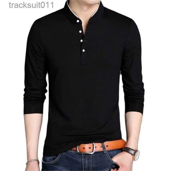 Camisetas para hombres Primavera Hombres Long Sle T Shirts Medio Botones Stand Collar Algodón Jerseys Sólido Casual Tops Cómodo Corea Marea Slim Thin Tees L231208