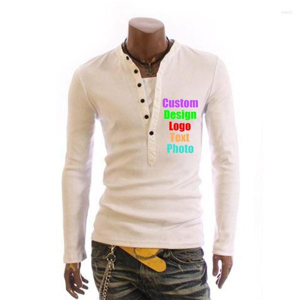 T-shirts pour hommes printemps Slim boutons col en V hommes Logo personnalisé Po texte imprimé T-shirt à manches longues élastique hommes hauts garçon Bussiness chemise