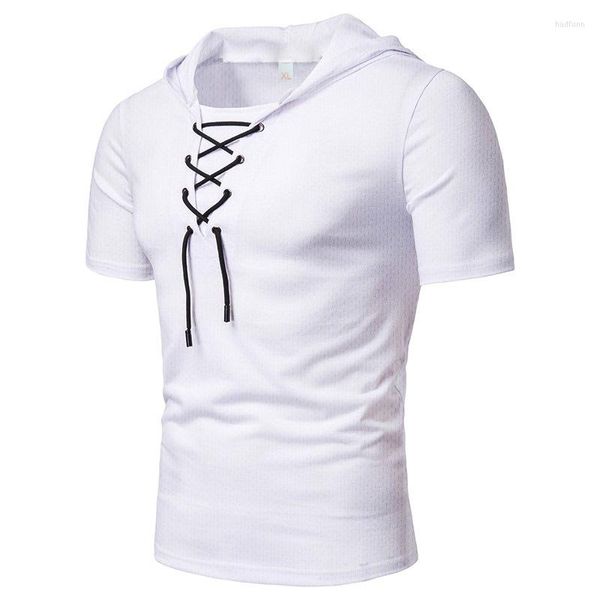 Camisetas de hombre Primavera Verano C Color sólido Moda Ddai'mao con gorra Camiseta de manga corta suelta de malla transpirable con capucha