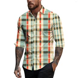 Heren T-shirts Lente Zomer Casual Plaid Print Revers Lange Mouw Top Kleding Big Size Bovenkleding Voor Mannen
