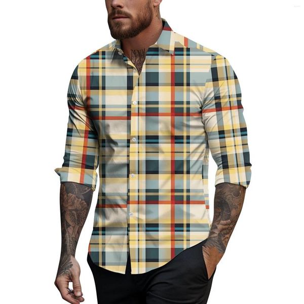 Camisetas para hombre Primavera Verano Casual Estampado a cuadros Solapa Camisa de manga larga Top Ropa y ofertas