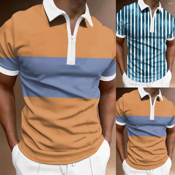 Camisetas de hombre Primavera Verano moda solapa cremallera manga corta camisa estampada estilo diario trabajo de oficina Tops rápido en Stock