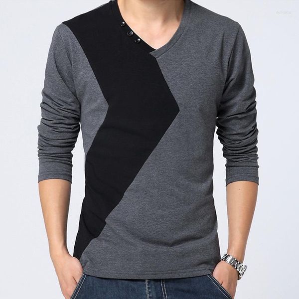 Mannen T-shirts Lente Zomer Koreaanse Katoen Mannen Patchwork BlackGray V-hals Lange Mouw T-shirt Herenkleding Tops Tees