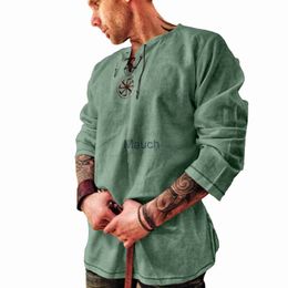 T-shirts pour hommes Printemps Été Mode pour hommes T-shirt à manches longues Breaable LaceUp Coton et lin Tee Hippie Chemises Tops Camiseta Hombre # G3 J230721