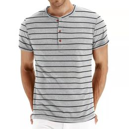 T-shirts hommes printemps été col montant hommes chemise lin shorts manches décontracté rayé t-shirt simple boutonnage pull haut slim