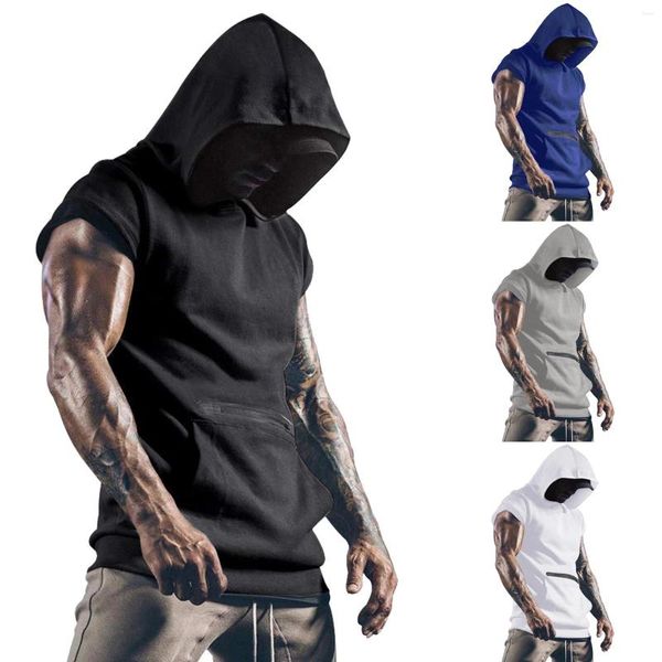 Camisetas para hombre, camisetas de primavera y verano, camiseta informal estampada sin mangas, Top de moda con capucha, cuello alto simulado, manga larga para hombre