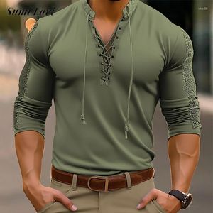 T-shirts voor heren Opstaande kraag Trekkoord Lace-up Tops Heren Vintage Pure kleur Lange mouw Herfst T-shirts voor herenkleding Casual trui