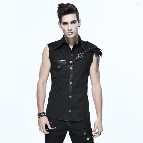 T-shirts pour hommes Chemise boutonnée Steampunk Coupe ajustée Noir Casual Summer Strap Tops sans manches