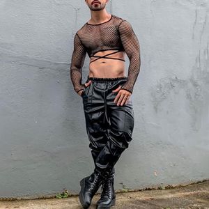 T-shirts pour hommes Streetwear Mens Mesh Sexy Discothèque Voir à travers Transparent Creux Crop Tops Mode Manches Longues O Cou Slim Basic Tees