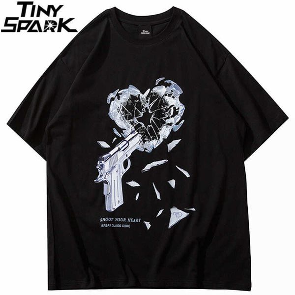 Camisetas de hombre Streetwear Camiseta de gran tamaño Hip Hop Gun Breaking Heart Print T-shirt 2023 Hombres Harajuku Algodón Suelto Verano Camisetas de manga corta Camisetas L230515 L230515