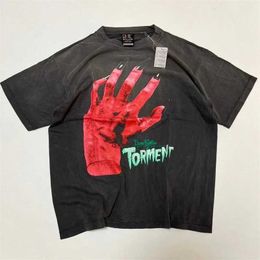 T-shirts masculins Streetwear lavé noir Saint Michael T-shirt hommes 1 1 T-shirt de main fantôme rouge TEE HAIKYUU J240409