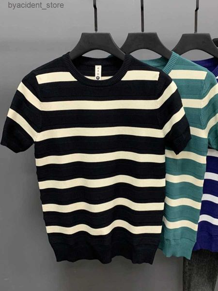 T-shirts pour hommes Stripe Summer Mens Slim Fit Knit T-shirt Tops Casual O Cou Blouse à manches courtes T-shirts Casual Streetwea Male Tops Q36 L240304