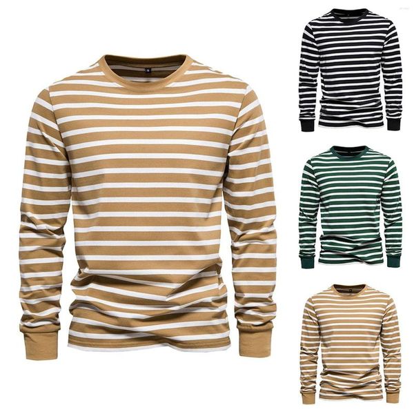 Camisetas para hombre Camisa base de manga larga a rayas Camisas de dormir con cuello redondo de spandex de algodón informal para hombre