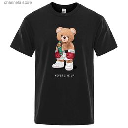 Camisetas para hombres Boxer fuerte Oso de peluche Nunca te rindas Imprimir Camisetas para hombre Verano Manga corta Hombres Algodón Top básico Camisetas Ropa de calle T240202