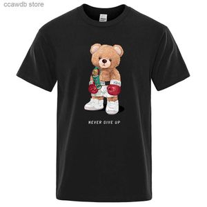 Camisetas para hombres Boxer fuerte Oso de peluche Nunca te rindas Imprimir Camiseta divertida Hombres Algodón Casual Mangas cortas sueltas de gran tamaño S-XXXL Tee Ropa T240105