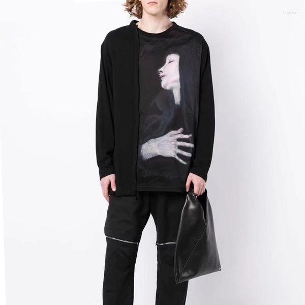 T-shirt da uomo stile scuro per il tempo libero pittura a olio giovane ragazza modello ritratto stampa T-shirt girocollo manica lunga