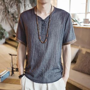 T-shirts pour hommes élégants hommes lin à manches courtes boucle col en V plaine Style chinois t-shirt hauts amples homme Camisas hommes vêtements