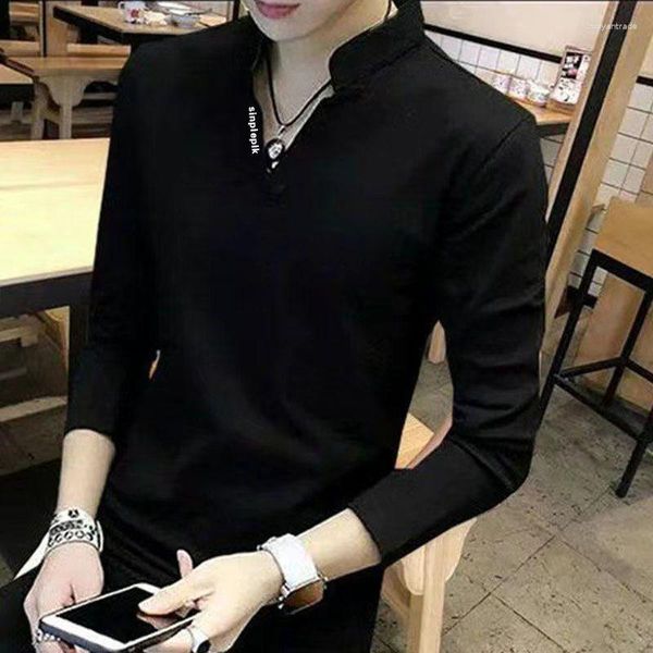 Männer T Shirts Stilvolle Gedruckt Einfarbig Stehkragen Brief T-Shirt Kleidung 2023 Herbst Casual Pullover Lose Koreanische T hemd