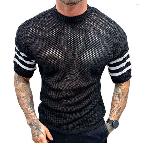 T-shirts pour hommes été 2023 mode Europe-USA Style tricots hommes col rond lettre Jacquard évider à manches courtes T-Shirt en tricot noir/blanc