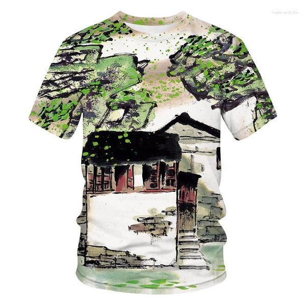 Camisetas de verano con estampado 3D para hombre, camiseta de moda con pintura de pincel chino para hombre, camisetas informales de manga corta con cuello redondo y estilo callejero