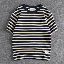 T-shirt à manches courtes et col rond pour homme, estival et rétro américain, rayé, à la mode, en coton lavé, lourd, décontracté