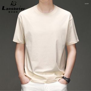 Camisetas de verano para hombre, camiseta Beige de manga corta ligeramente ancha con hombros caídos, camiseta de algodón sedoso de alta elasticidad, tendencia juvenil, cuello redondo