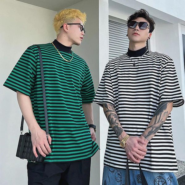 T-shirts pour hommes d'été noir col roulé Hit couleur blanc vert bleu rayé manches courtes hommes mode Harajuku haut surdimensionné
