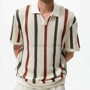T-shirts pour hommes T-shirt pour hommes tricoté respirant d'été avec polo de plage tricoté à rayures vintage avec rabats à manches courtes 240319