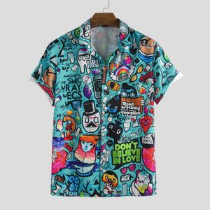 T-shirts pour hommes Chemises décontractées d'été Hommes Cartoon Green Graffiti Imprimé Beach Blouse Tops Turn Down Collier à manches courtes Chemise HommeMen's