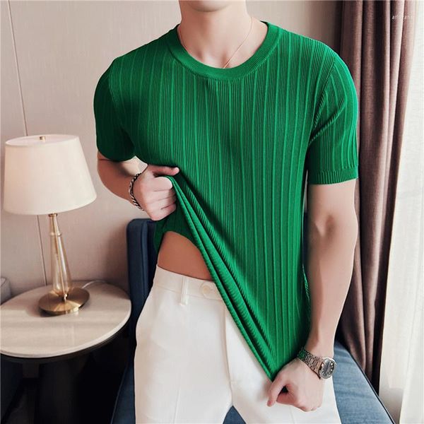 Camisetas para hombre Camiseta de manga corta informal de verano / Camisetas de punto con cuello redondo a rayas ajustadas para hombre Camisetas de punto de alta fuerza elástica Camisetas verdes S-4XL