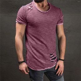 T-shirts pour hommes Été Casual Couleur Solide Manches courtes Holet Chemise Hommes Mode Coton Slim Fit O Cou Tops Trou Déchiré Y2K Mâle Streetwear