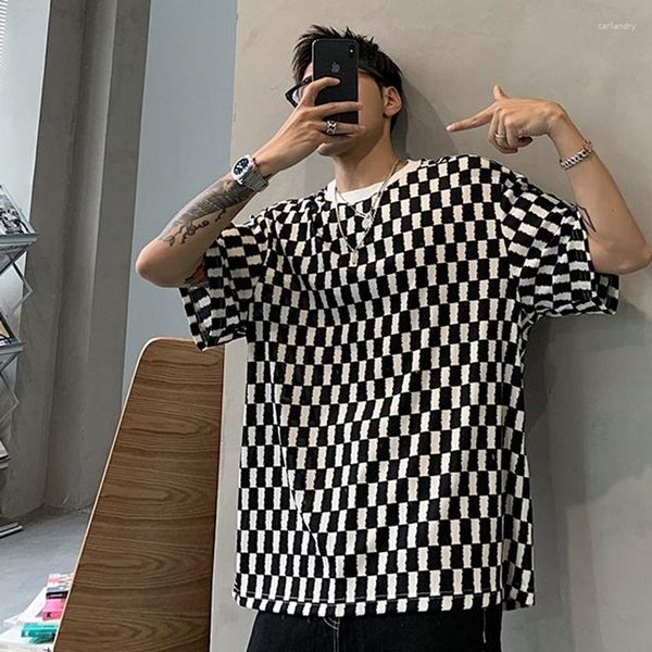 Camisetas de verano para hombre, cuadros a cuadros, manga corta, cuello redondo, moda informal Harajuku 2xl, ropa de calle de gran tamaño, Top negro, blanco y gris