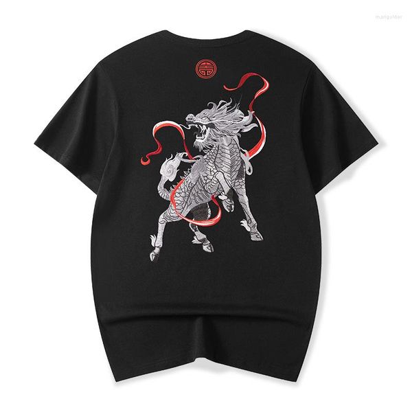 T-shirts pour hommes été chine-chic Kirin broderie T-shirt rétro mode à manches courtes en vrac haute rue coton décontracté graphique