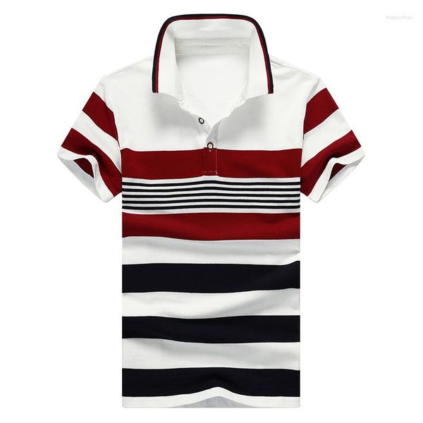 Camisetas para hombre, camiseta de manga corta de galleta de verano, ropa de viento euroamericana a la moda, algodón puro, rayas finas con solapa vuelta