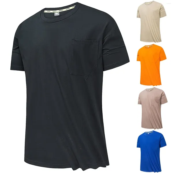 T-shirts d'été pour hommes, couverture en coton, chemise en Polyester, col rond, poche, solide, brillant, séchage rapide, polyvalent, ample, Sports de plein air