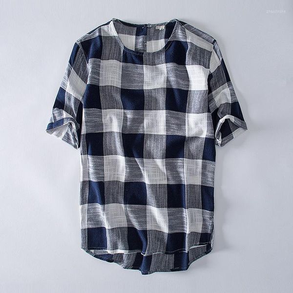 Camisetas de verano para hombre, camiseta de manga corta de lino y algodón, camiseta a cuadros a la moda para hombre, camisetas con cuello redondo, camiseta informal TS-413