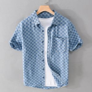 Heren T Shirts Zomer Denim Shirt Mode Korte Mouw Checker Plaid Vintage Blouse Klassieke Casual Losse 100 Katoen Mannelijke Tops 230317