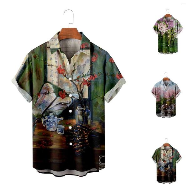 Camisetas para hombre Diseño de verano Tamaño grande Pintura al óleo para hombre Impreso Botón vintage Abajo Camisa hawaiana de manga corta suelta informal para playa
